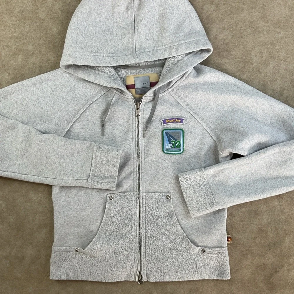 Vintage Nike Hoodie Sweatshirt Girls Sz XS Road Trip State HWY 72 Patch Gray 90s